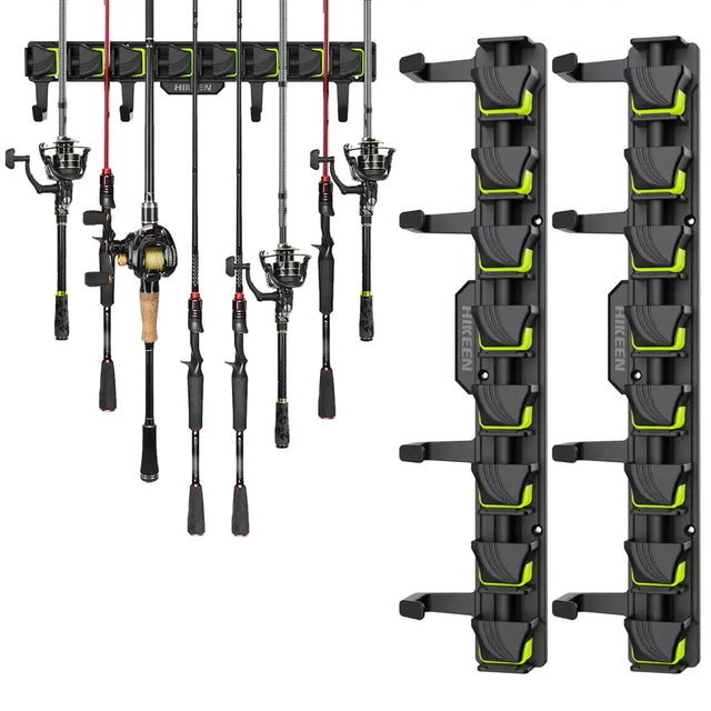 Black and neon green hikleen wall-mounted fishing rod rack with multiple slots for organizing rods.