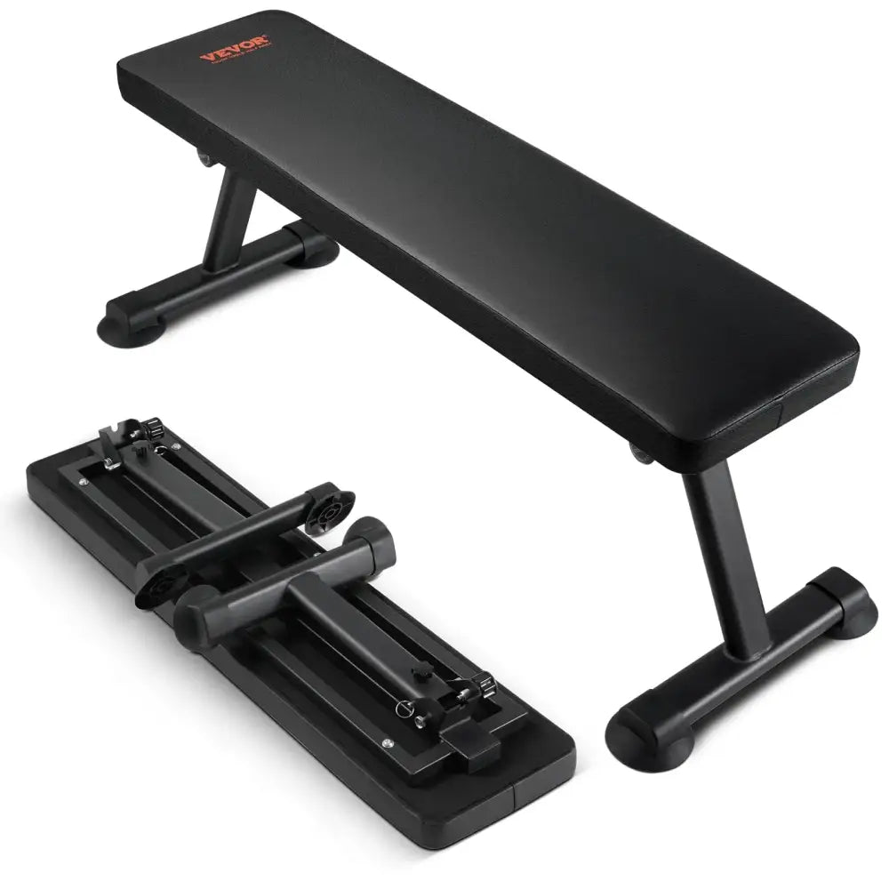 Black foldable weight bench with padded seat and adjustable leg supports