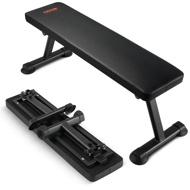 Black foldable weight bench with padded seat and adjustable leg supports
