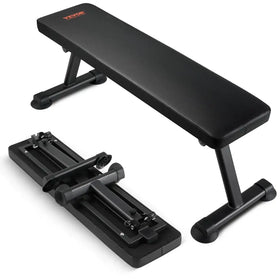 Black foldable weight bench with padded seat and adjustable leg supports