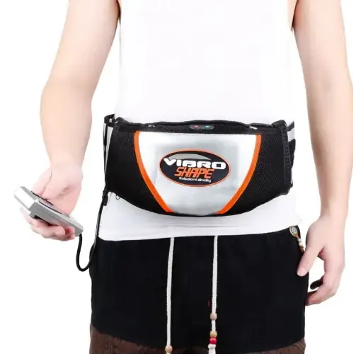 Black and silver vibro shape waist trainer belt with orange trim