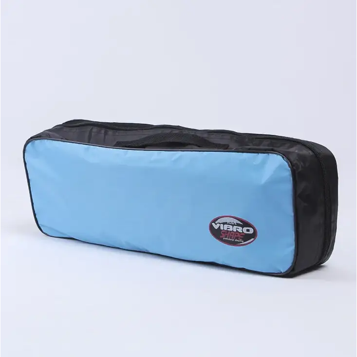 Light blue and black viaro shape travel organizer bag with a zipper closure.