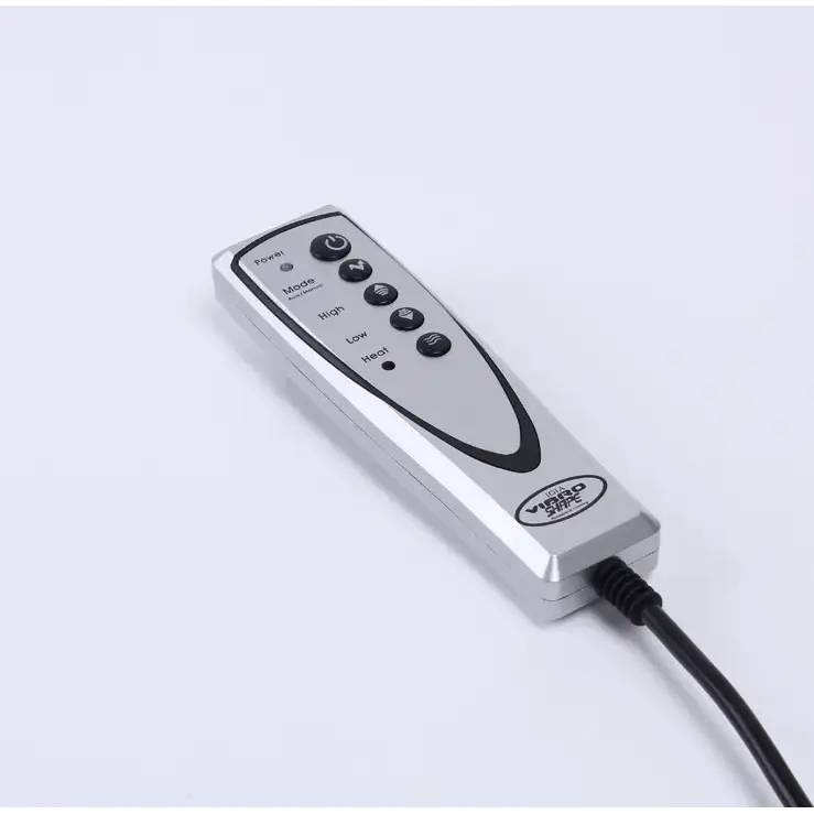 Silver remote control with black buttons and a sleek, ergonomic design for adjusting heat settings.