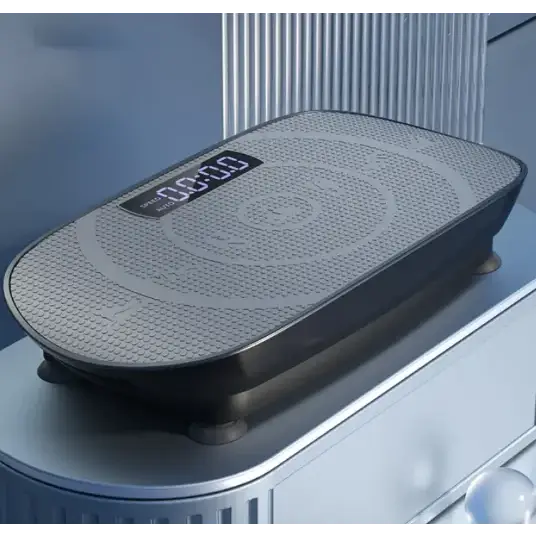 Gray digital vibration weight scale with a textured surface and black base.