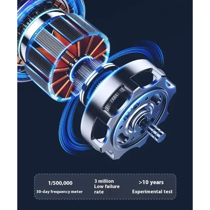 Shiny metallic electric motor with copper windings and blue glowing energy lines.