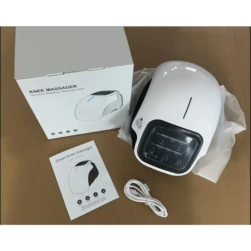 White wireless knee massager with a sleek, ergonomic design and black control panel.