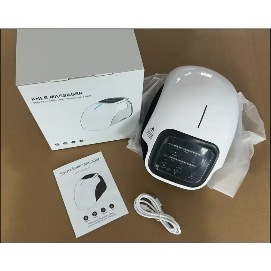 White wireless knee massager with a sleek, ergonomic design and black control panel.