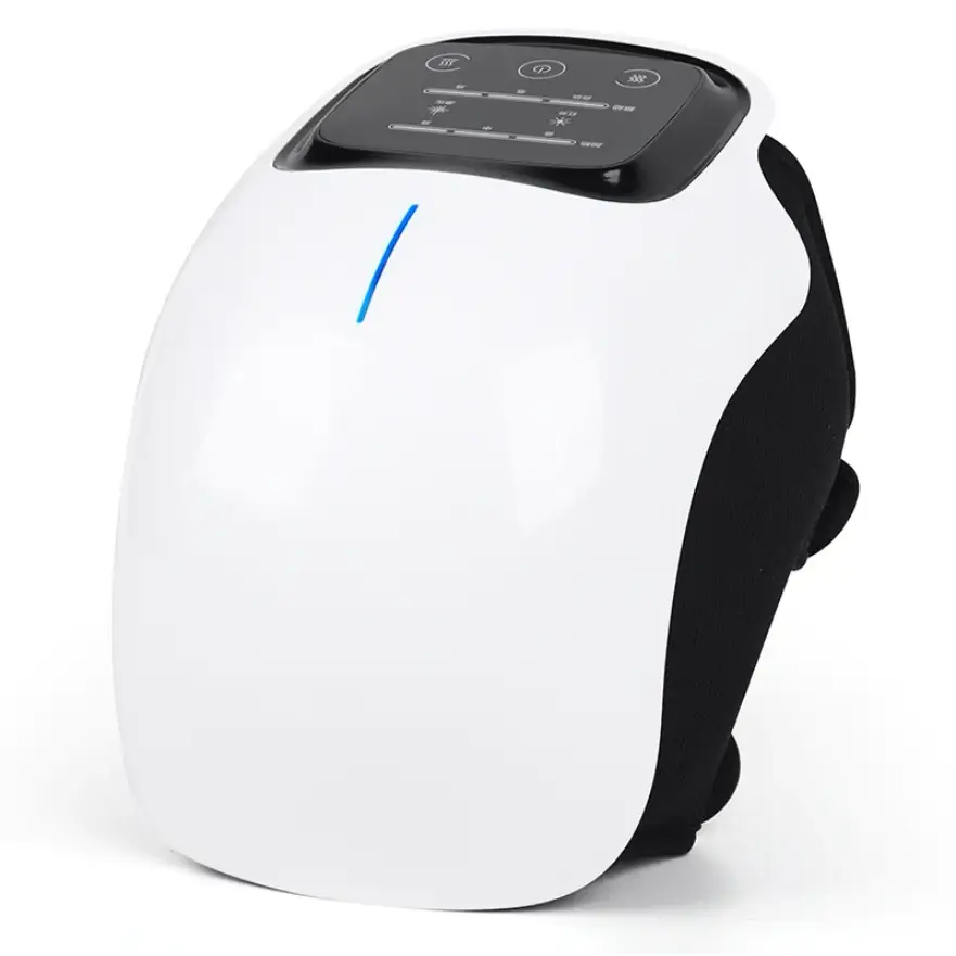 White and black electric knee massager with a sleek, curved design featuring a digital control panel and blue led indicator.