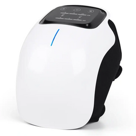 White and black electric knee massager with a sleek, curved design featuring a digital control panel and blue led indicator.