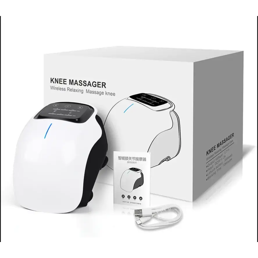 White and black wireless knee massager with a sleek, ergonomic design featuring a digital display panel.