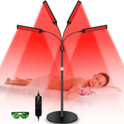 Black stand with four red led light panels emitting a warm glow.