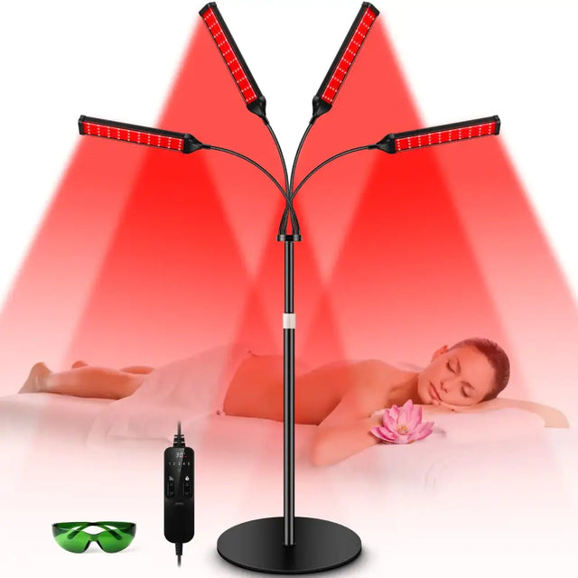 Black stand with four red led light panels emitting a warm glow.
