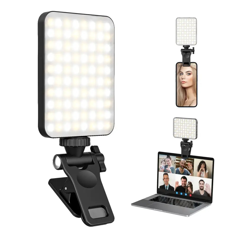 Black clip-on led video light with a grid of bright white leds and adjustable mounting clamp.