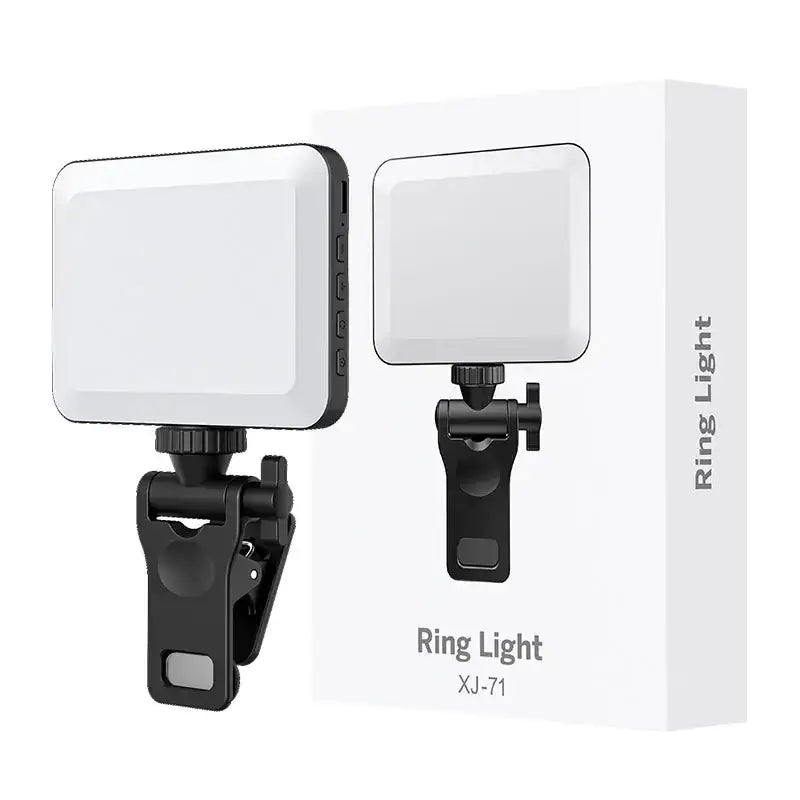 Black and white clip-on ring light with adjustable clamp for easy attachment to cameras or tripods.