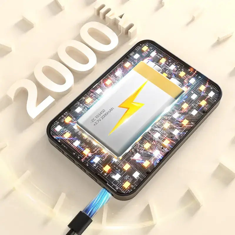 A sleek black portable power bank with a glowing circuit board design and a prominent yellow lightning bolt symbol on its silver battery panel.
