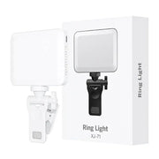 White clip-on ring light with a black adjustable clamp and control buttons on the side.