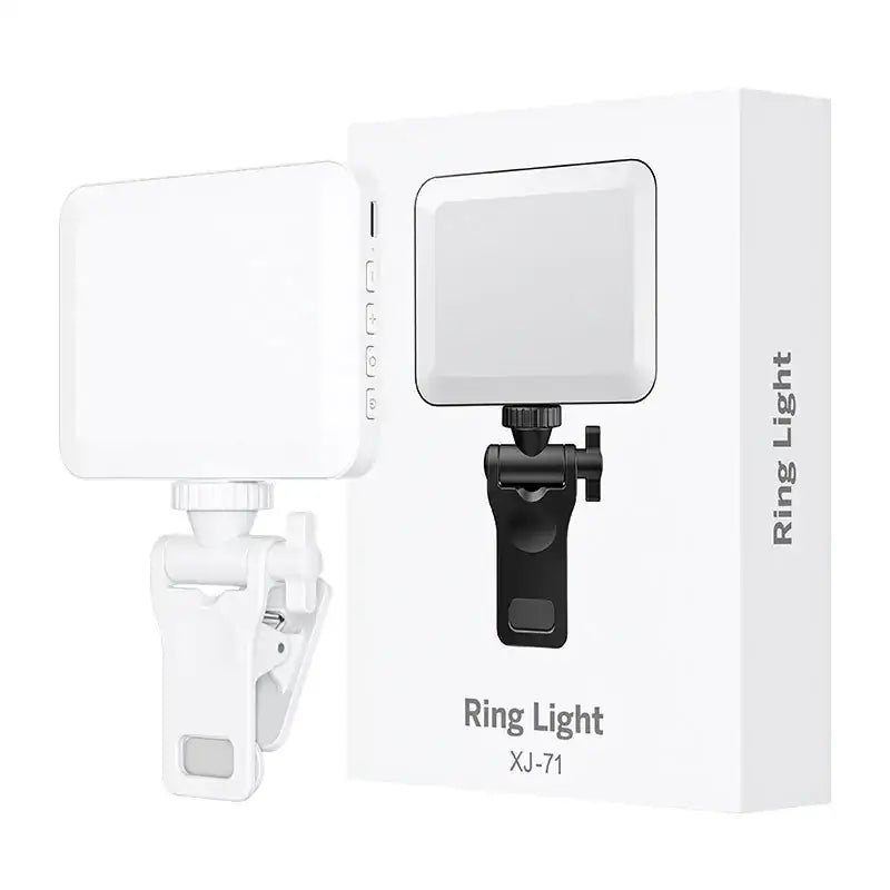 White clip-on ring light with a black adjustable clamp and control buttons on the side.