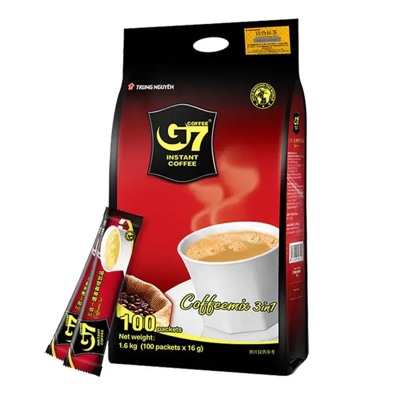 Red and black trung nguyen g7 instant coffee package with 100 packets of coffee mix.