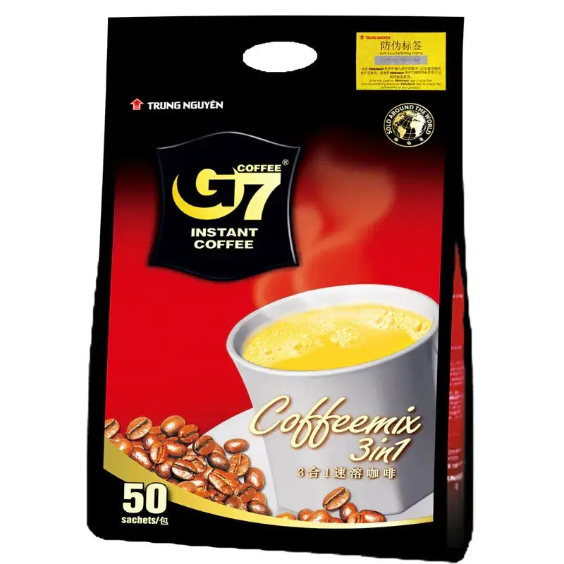 Trung nguyen g7 instant coffee 3-in-1 coffee mix in a black and red package with 50 sachets.