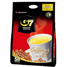 Trung nguyen g7 instant coffee 3-in-1 coffee mix in a black and red package with 50 sachets.