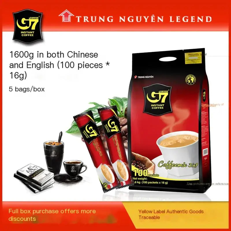 Red and black package of trung nguyen legend g7 instant coffee, featuring a steaming cup illustration and the text ’coffeemix 3in1’’ on its front.