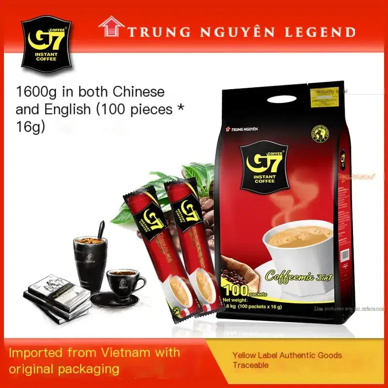 Red and black package of trung nguyen legend g7 instant coffee, featuring a steaming cup illustration and 100 individual packets.