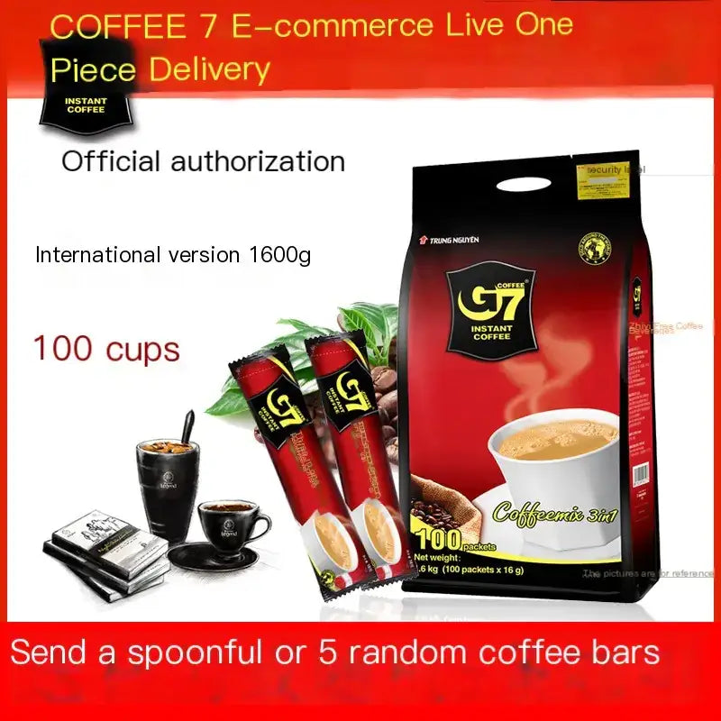 Red and black package of g7 instant coffee, featuring a glossy finish with gold accents.