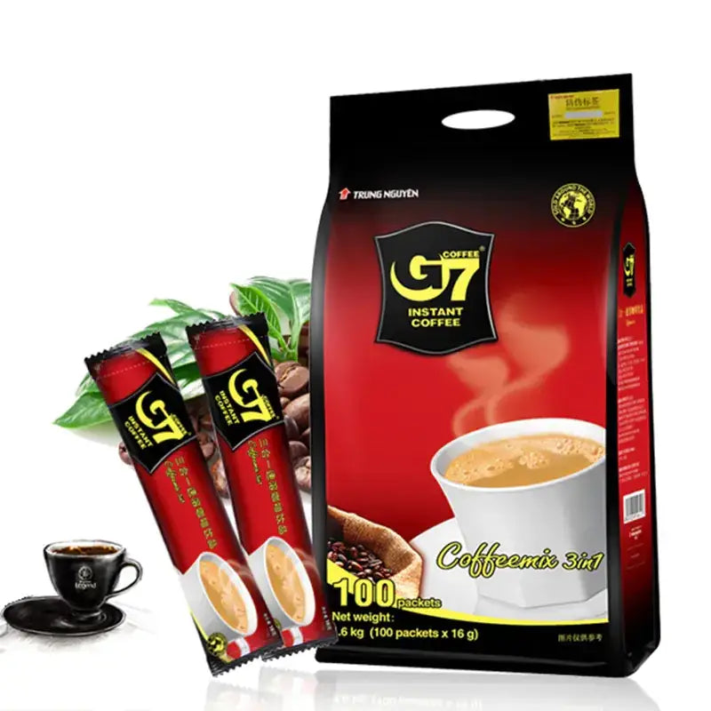 Red and black g7 instant coffee package with 100 packets, featuring a steaming cup illustration.