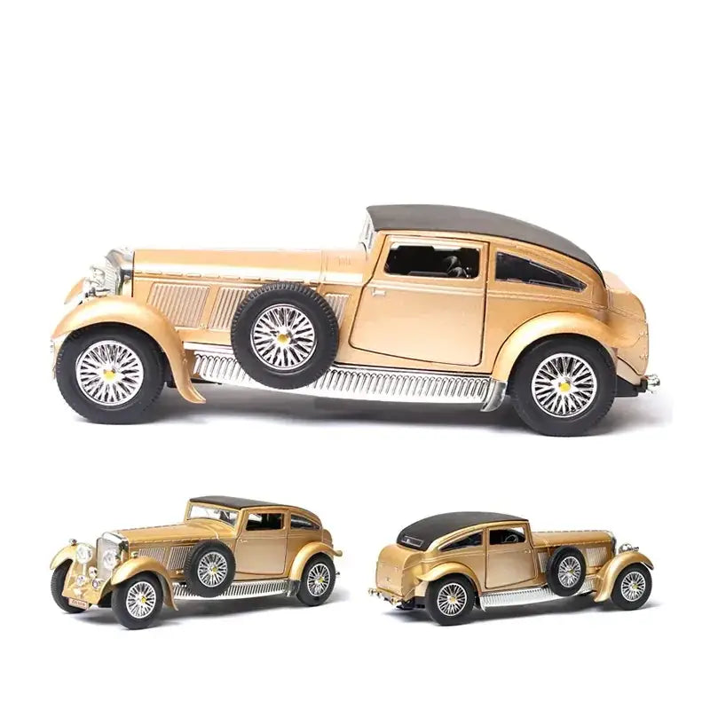 Golden metallic vintage car model with black roof and silver-spoked wheels.