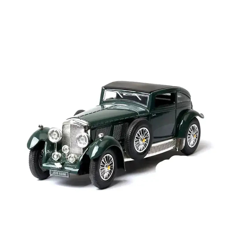 Dark green die-cast model of a classic bentley car with chrome accents and black roof.