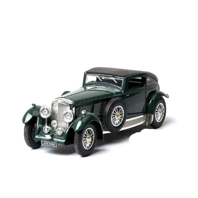 Dark green die-cast model of a classic bentley car with chrome accents and black roof.