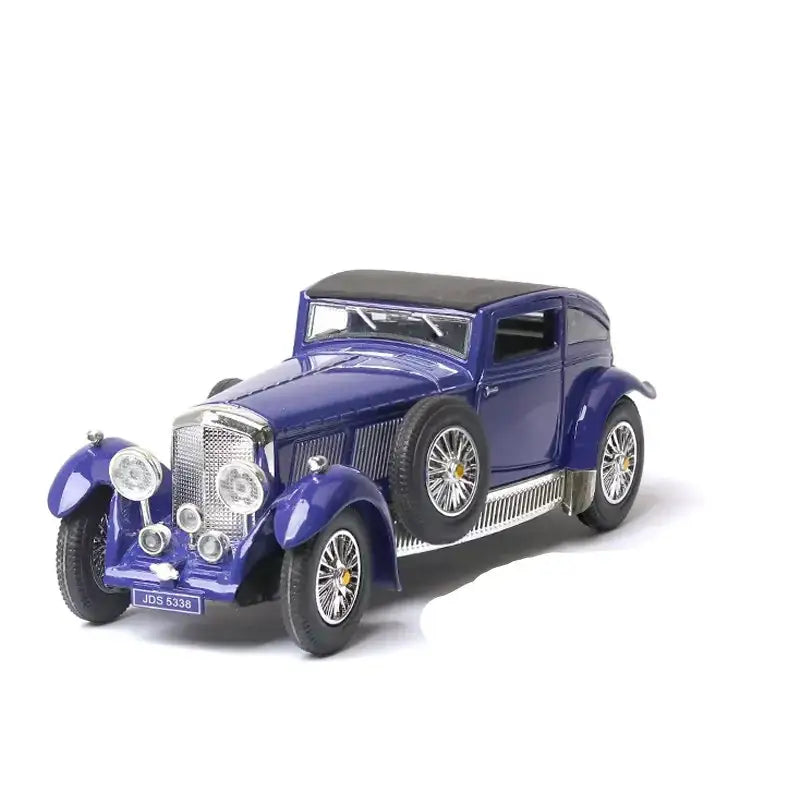 Deep blue vintage car model with chrome accents and black convertible top.