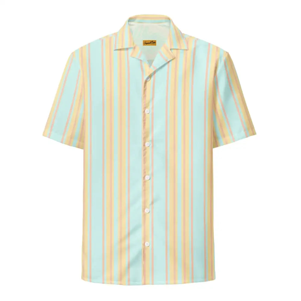 A short-sleeved button-up shirt with vertical stripes in pastel mint green and soft peach, featuring a classic collar and white buttons.