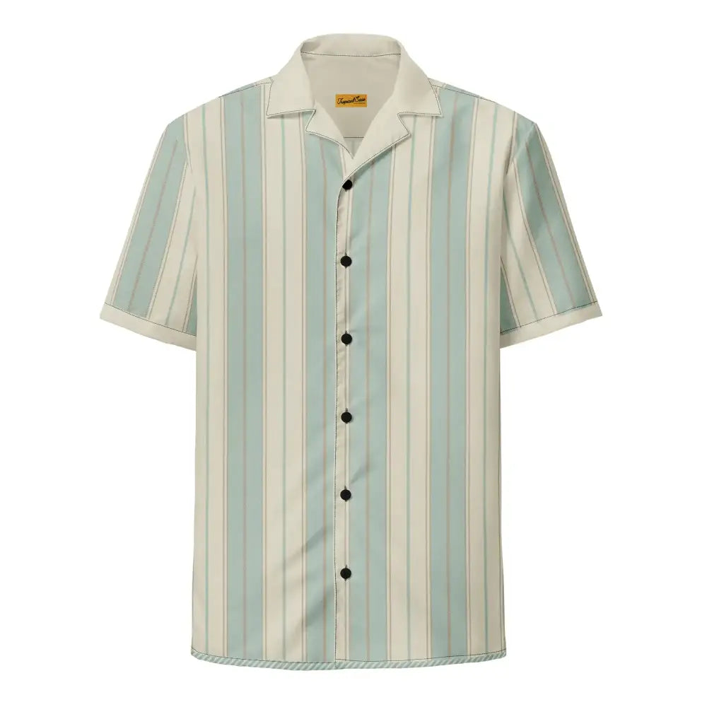 A short-sleeved, button-up shirt with vertical stripes in soft mint green and cream, featuring a classic collar and black buttons.
