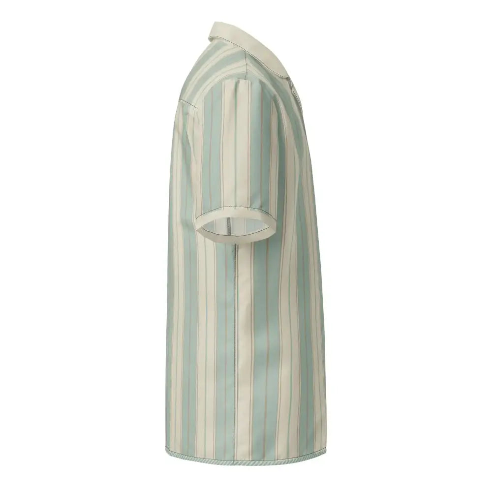 A short-sleeved button-up shirt with vertical stripes in soft mint green and cream, crafted from a lightweight fabric.