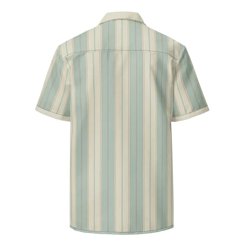 A short-sleeved button-up shirt with vertical stripes in soft mint green and cream, featuring a classic collar and neatly stitched hem.