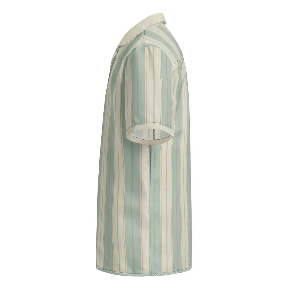 A short-sleeved button-up shirt with vertical stripes in soft mint green and cream, featuring a crisp collar and neatly finished cuffs.