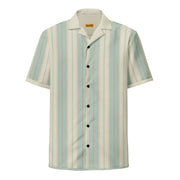 A short-sleeved, button-up shirt with vertical stripes in soft mint green and cream, featuring a classic collar and black buttons.