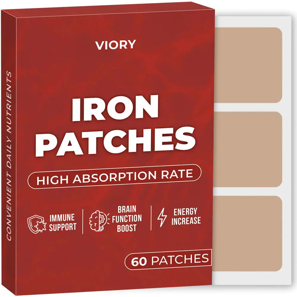 Red box of viory iron patches with beige patches visible inside, labeled as 60 patches for immune support and energy increase.