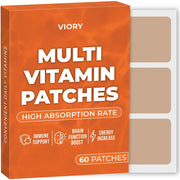 Viory brand multi vitamin patches in a vibrant orange box, featuring 60 beige adhesive patches designed for immune support and energy increase.