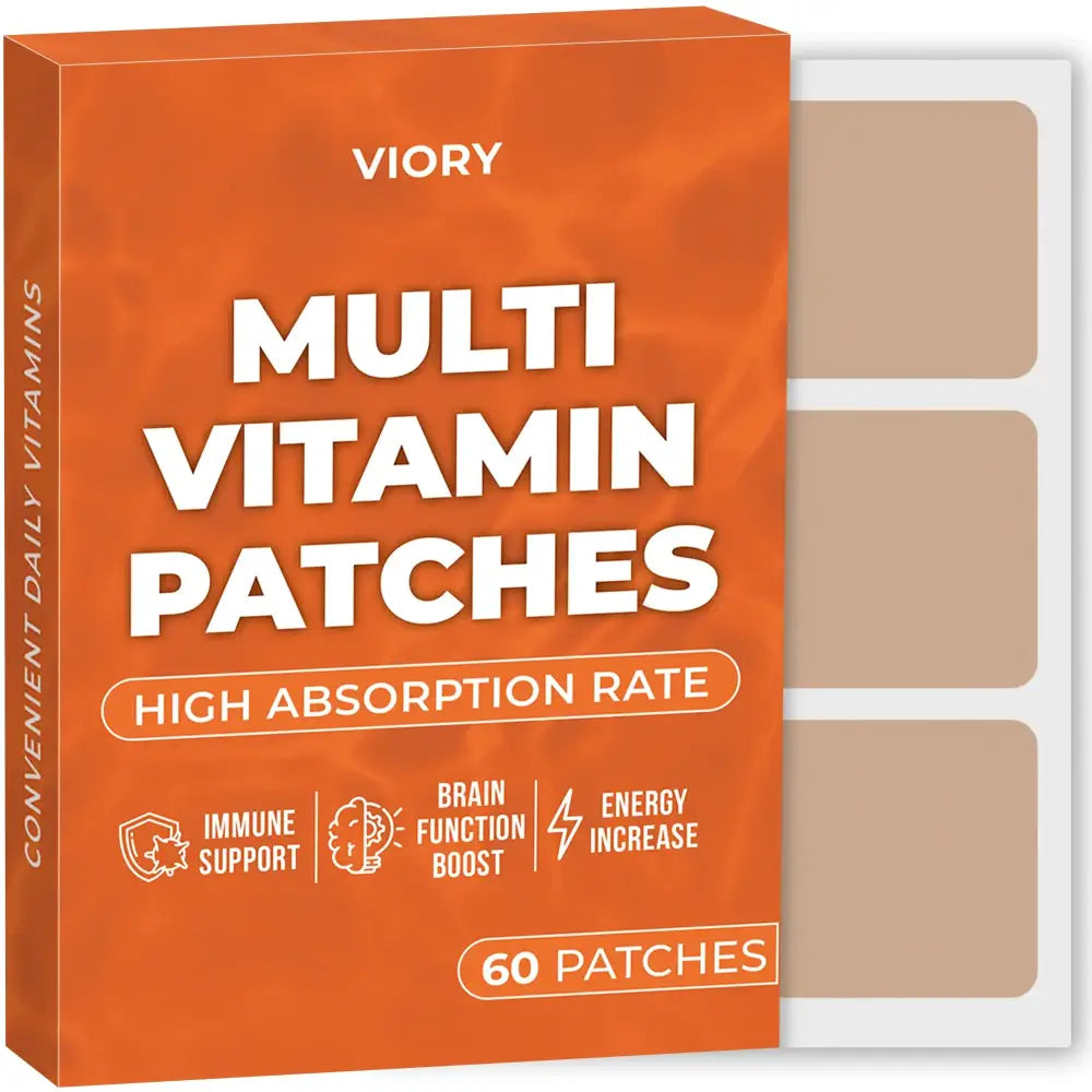 Viory brand multi vitamin patches in a vibrant orange box, featuring 60 beige adhesive patches designed for immune support and energy increase.