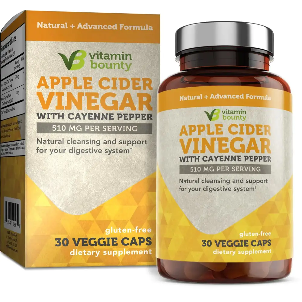 Vitamin bounty apple cider vinegar with cayenne pepper in a brown bottle with silver cap and matching box, containing 30 veggie caps.