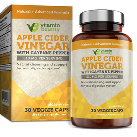 Vitamin bounty apple cider vinegar with cayenne pepper in a brown bottle with silver cap and matching box, containing 30 veggie caps.