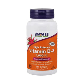 White plastic bottle with a purple cap and an orange label featuring the now brand logo, displaying ’high potency vitamin d-3 1,000 iu’ for structural support.