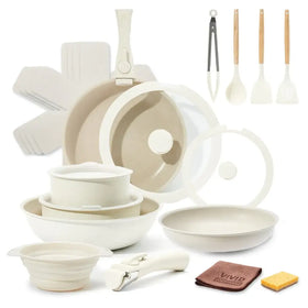 Beige non-stick cookware set with matching lids, wooden-handled utensils, and a branded microfiber cloth.