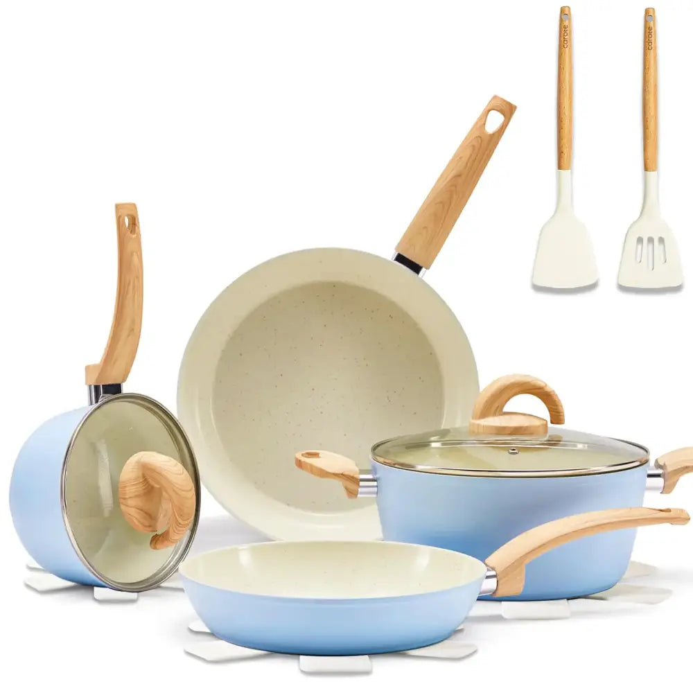 Light blue ceramic nonstick cookware set with wooden handles and glass lids.