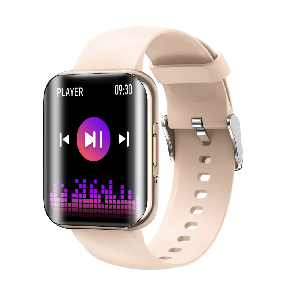 Beige silicone strap smartwatch with a rectangular screen displaying music player interface.
