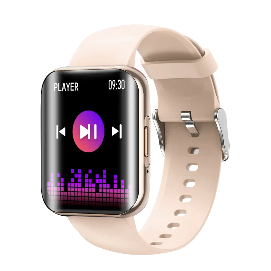 Beige silicone strap smartwatch with a rectangular screen displaying music player interface.