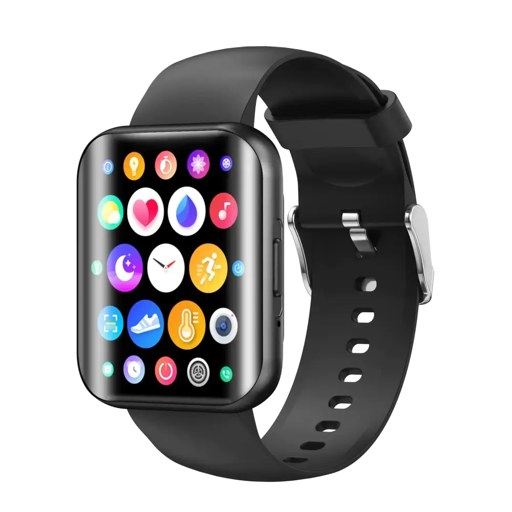 Black smartwatch with a rectangular screen displaying colorful app icons and a matching black silicone strap.