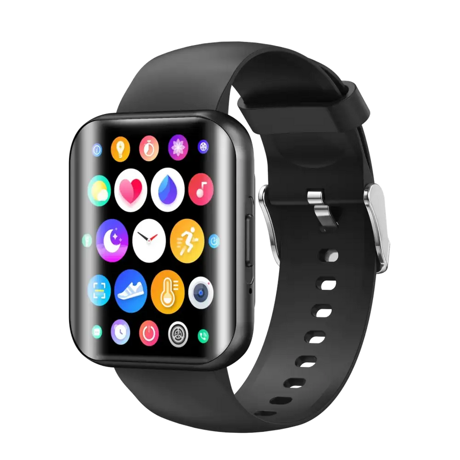 Black smartwatch with a rectangular screen displaying colorful app icons and a matching black silicone strap.